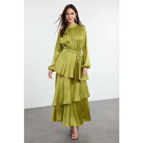 Trendyol Oil Green Layered Satin Woven Evening Dress/Evening Gown Slike