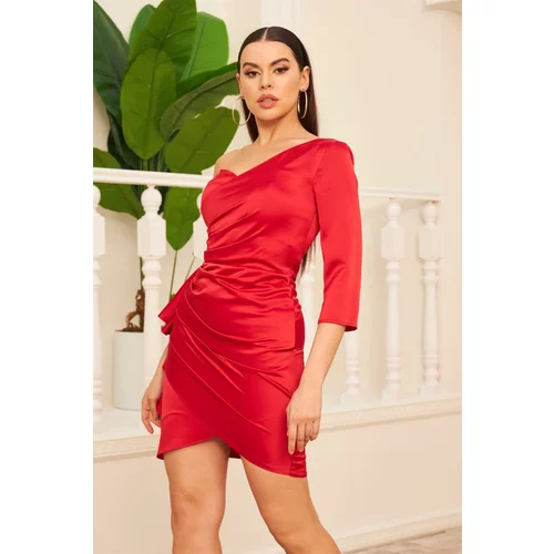 Carmen Red Satin One Sleeve Short Evening Dress