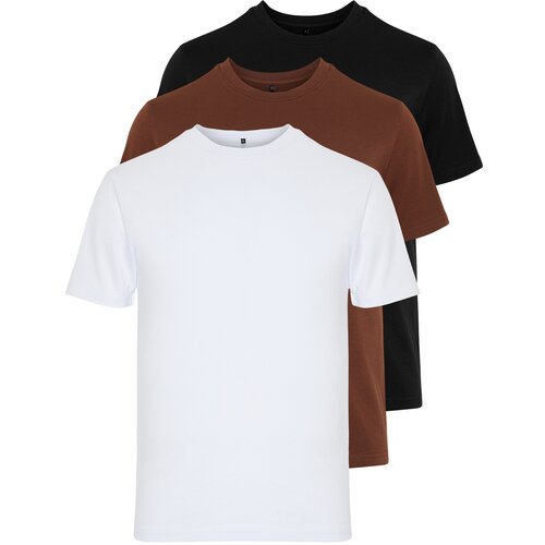 Trendyol black-brown-white men's basic slim fit 100% cotton 3-Pack t-shirt Cene