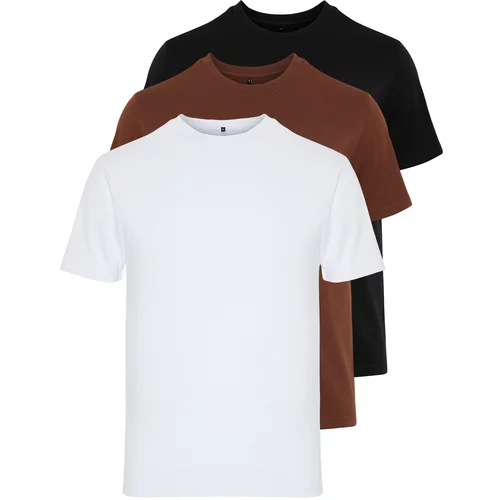 Trendyol Black-Brown-White Men's Basic Slim Fit 100% Cotton 3-Pack T-Shirt