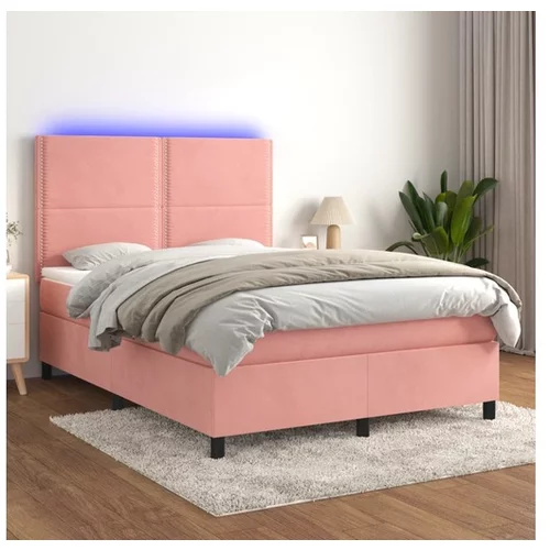  Box spring postelja z vzmetnico LED roza 140x190 cm žamet