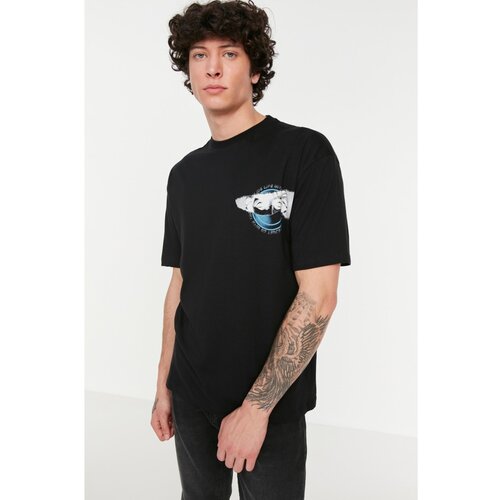 Trendyol Black Men's Wide Cut Short Sleeve Printed T-Shirt Cene