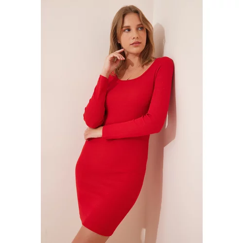 Happiness İstanbul Women's Red Square Collar Lycra Ribbed Knitted Dress