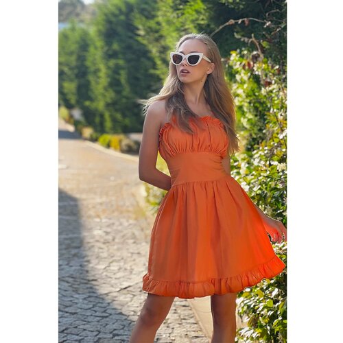 Trend Alaçatı Stili Women's Orange Adjustable Strap Frill Detailed Poplin Woven Dress Slike