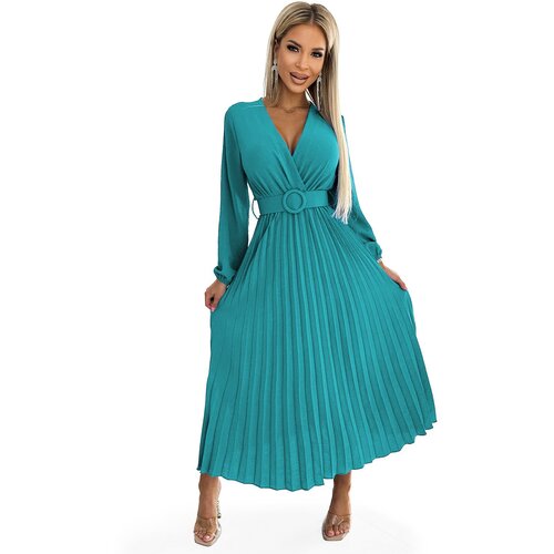 Numoco Pleated midi dress with a neckline, long sleeves and a wide belt Slike