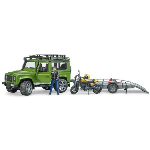 Bruder džip Land Rover Defender sa prikolicom i Ducati motor Scrambler sa figuricom Slike