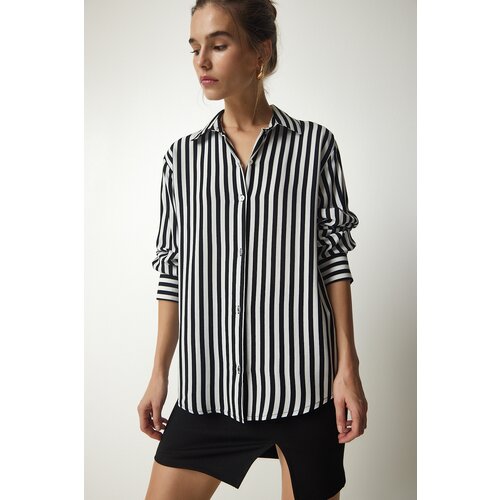 Happiness İstanbul Women's Black Ecru Striped Viscose Shirt Slike