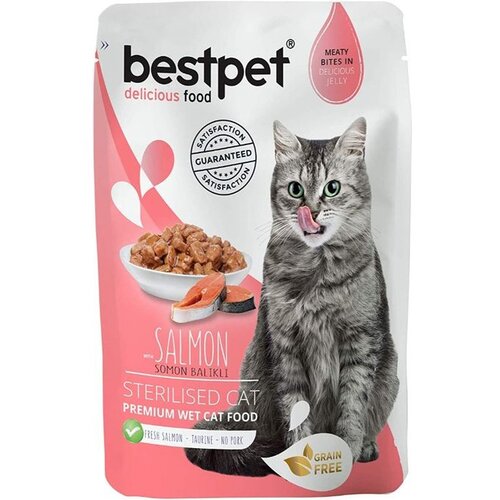 BESTPET sosić za sterilisane mačke, komadići lososa u želeu, 85g Slike