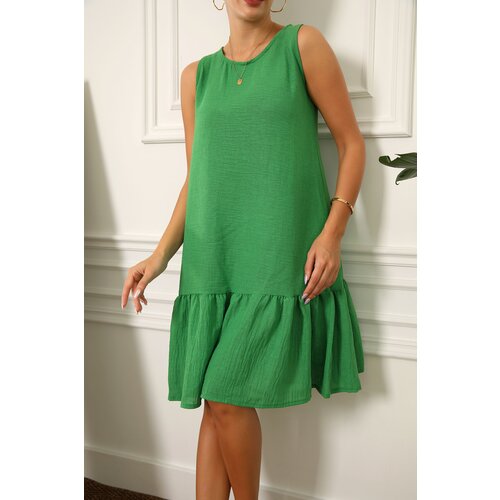 armonika Women's Green Linen Look Textured Sleeveless Frilly Skirt Dress Slike