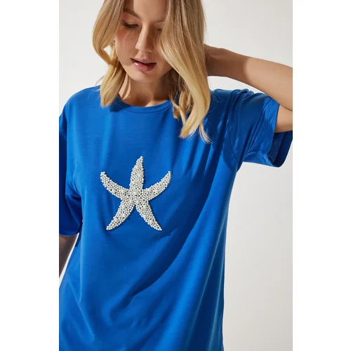  Women's Blue Star Pearl Embroidered Oversize Knitted T-Shirt