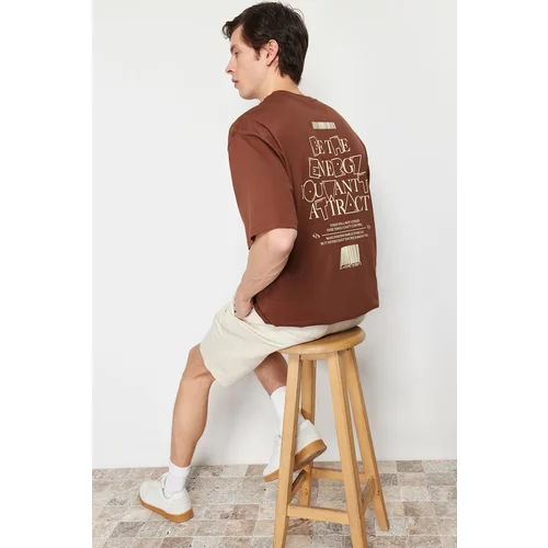 Trendyol Plus Size Brown Men's Oversize/Wide Cut 100% Cotton Text Printed T-Shirt