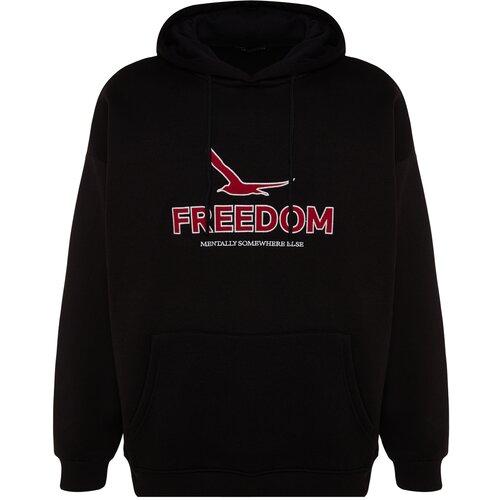 Trendyol Black Men&amp;#039;s Oversize Hooded Sweatshirt with Fishnet Embroidery and a Soft Pile Interior. Slike