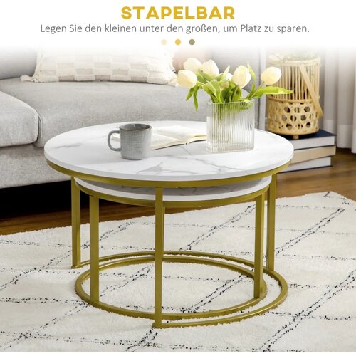  Set pomoćnih stolića 2 ugradbena stolića &amp;Oslash;74 i &amp;Oslash;59 cm mramorni izgled zlatni okvir Slike