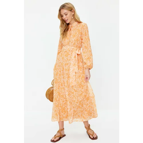 Trendyol Light Orange Patterned Belted High Collar Lined Chiffon Woven Dress