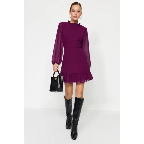 Trendyol Damson A-line Ruffle Detail Mini Chiffon Woven Woven Dress