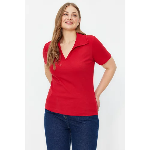 Trendyol Curve Red Shirt Collar Ribbed Knitted Blouse