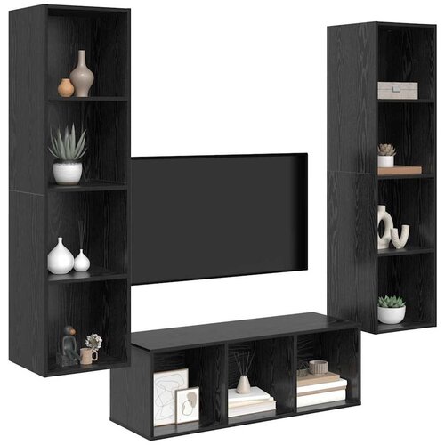  Set TV komoda 3 kom. Crni hrast Konstruirano drvo Crna 37 x 37 x 142,5 cm Slike
