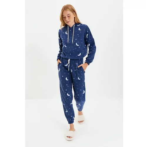 Trendyol Navy Blue Hooded Galaxy Patterned Fleece Knitted Pajamas Set