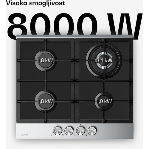 Klarstein Verosteel plinsko kuhalo, 4 plamena, električno paljenje, kompatibilno s prirodnim plinom i LPG-jem, 8000 W, 60cm Slike