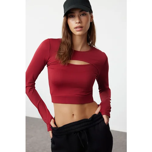 Trendyol Burgundy Crop Window/Cut Out and Thumb Hole Detailed Knitted Sports Top/Blouse