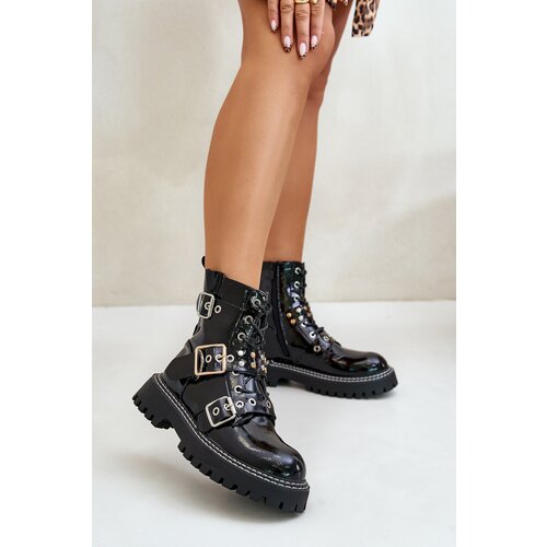 Boto Lacquered Worker Boots With Buckles Black Serizia Cene