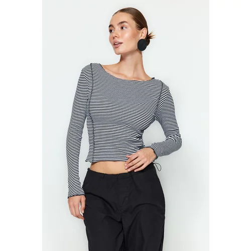 Trendyol Black Striped and Ribbed Ribbed Fitted/Slippery Knitted Blouse