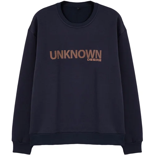 Trendyol Navy Blue Oversize/Wide Cut Text Printed Crew Neck Sweatshirt with Fleece Inside