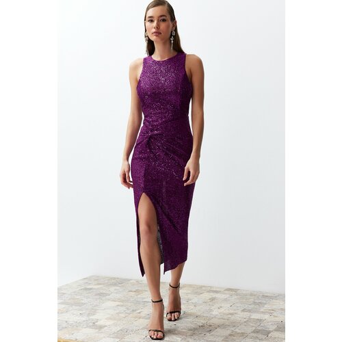 Trendyol Purple Body-Sitting Knitted Glitter Sequin Sequin Elegant Evening Dress Cene