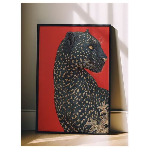 Wallxpert uramljena slika 115272, crni leopard na crvenoj pozadini, 50 x 70 cm, crni ram Cene