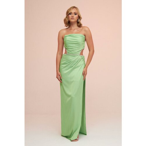 Carmen Pistachio Green Satin Strapless Long Evening Dress with Side Slit Cene