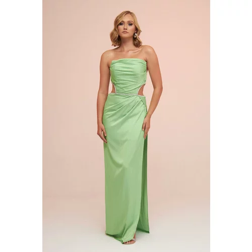 Carmen Pistachio Green Satin Strapless Long Evening Dress with Side Slit