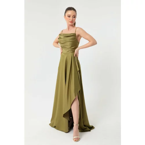 Lafaba Women's Oil Green Ruffles & Slit Satin Evening & Prom Dress