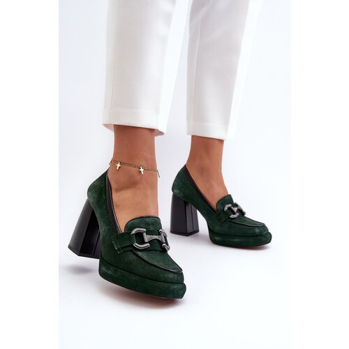 Laura Messi Leather Pumps on Chunky Heel 2706 Dark Green Cijene