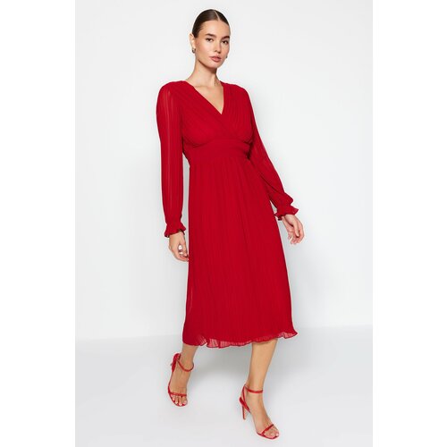 Trendyol Red Pleated Lined Chiffon Woven Dress Slike