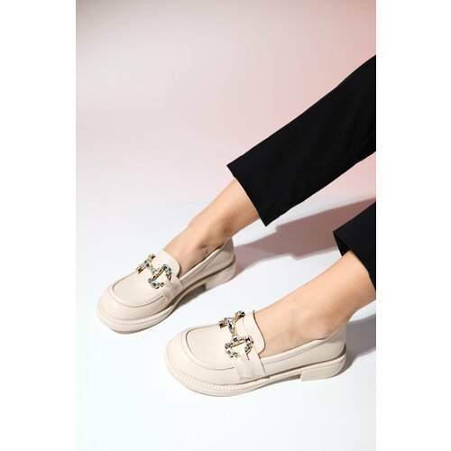 LuviShoes NORMAN Cream Skin Stone Buckle Women's Loafer Shoes Cene