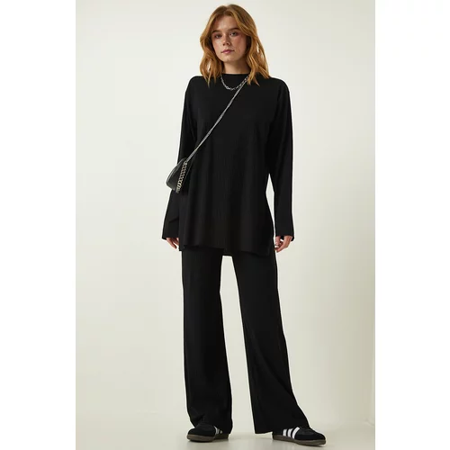 Happiness İstanbul Women's Black Ribbed Knitted Blouse Pants Suit