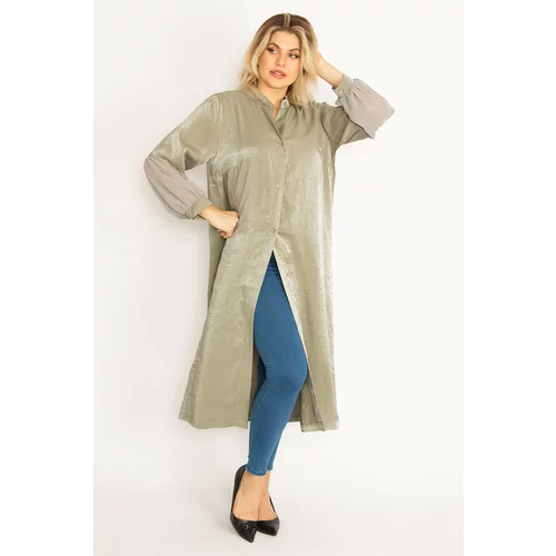 Şans Women's Plus Size Green Silvery Fabric Sleeves Chiffon Detailed Collar With Front Buttons Long Cap