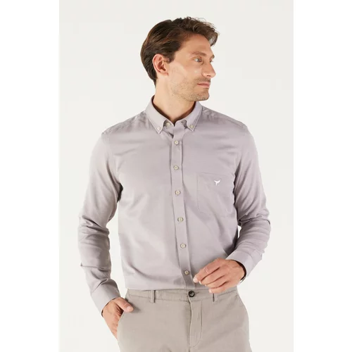 AC&Co / Altınyıldız Classics Men's Brown Slim Fit Slim-fit, Buttoned Collar Cotton Oxford Shirt with Pocket.