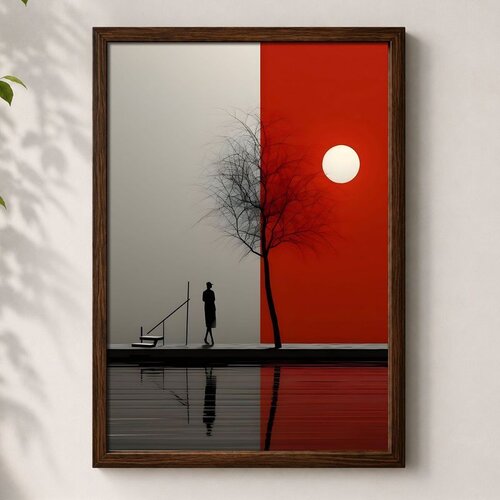 Wallxpert uramljena mdf slika 3752KACT-037, silueta čoveka i golo drvo na sivo-crvenoj pozadini sa belim suncem, 37 x 52 cm Cene