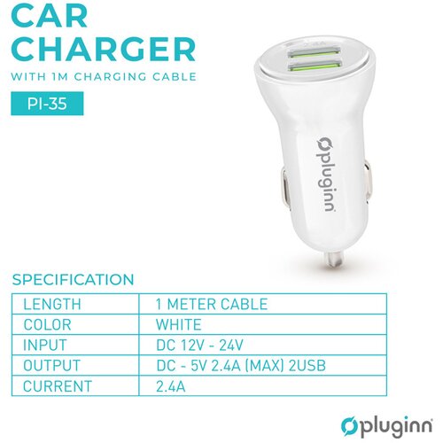  Auto punjač Plugi PI-35 5V 2.4A 2xUSB sa iPhone Lightning kabel Cene