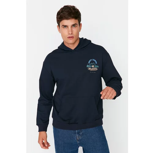 Trendyol Navy Blue Mens Relaxed Fit Hooded Printed Long Sleeve Kangaroo Pocket Sweatshirt