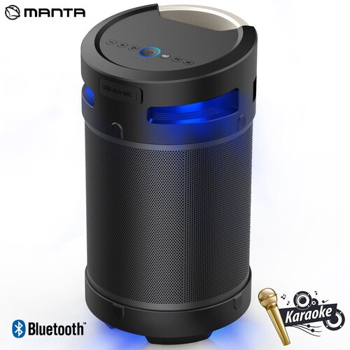 Manta SPK5120 prenosni KARAOKE zvočnik, Bluetooth 5.0, 100W RMS, STEREO 360&amp;deg;, TWS, polnilna baterija, RGB LED osvetlitev, IPX5 vodoodpornost, FM Radio, USB / AUX / MIC-in, Google Assistant &amp;amp; Siri, črn Slike