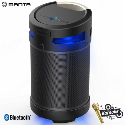 Manta SPK5120 prenosni KARAOKE zvočnik, Bluetooth 5.0, 100W RMS, STEREO 360°, TWS, polnilna baterija, RGB LED osvetlitev, IPX5 vodoodpornost, FM Radio, USB / AUX / MIC-in, Google Assistant & Siri, črn