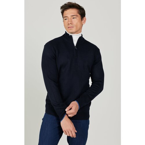 ALTINYILDIZ CLASSICS Men's Navy Blue Standard Fit Normal Cut Stand-Up Bato Collar Patterned Rose Gold Soft Textured Knitwear Sweater Cene