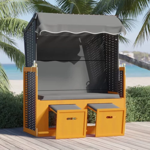 vidaXL stol za na plažo s streho poli ratan in trden les črn/antracit