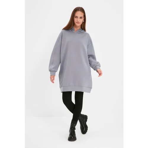 Trendyol Gray Scuba Hoodie with Pockets, Knitted Wide Fit Oversized Sweatshirt