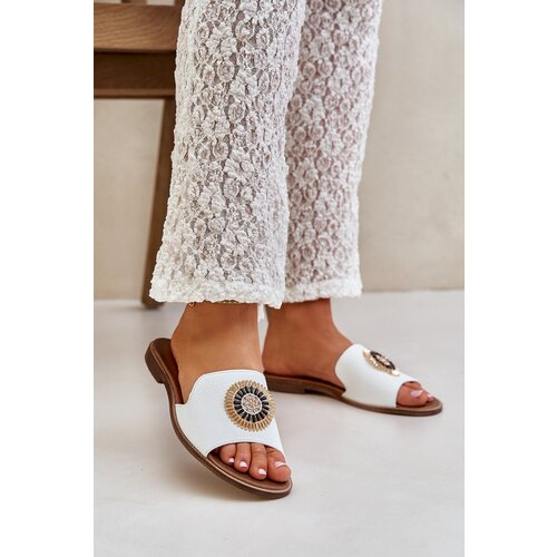 Lewski Shoes Leather Slippers With Decoration On Flat Heel White Lewski Slike