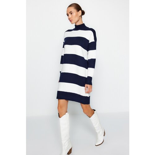 Trendyol Navy Blue Mini Knitwear Stand-Up Collar Sweater Dress Slike
