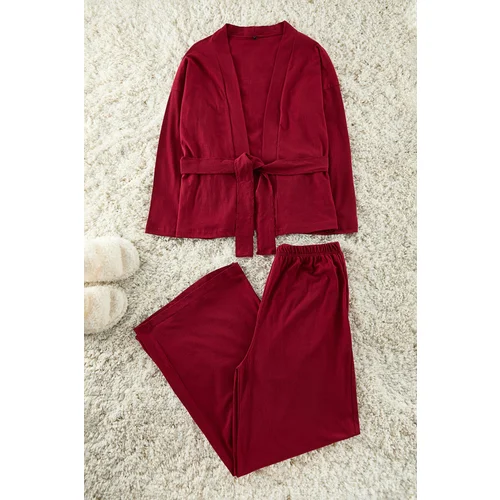 Trendyol Burgundy Belted Cotton Knitted Pajama Set