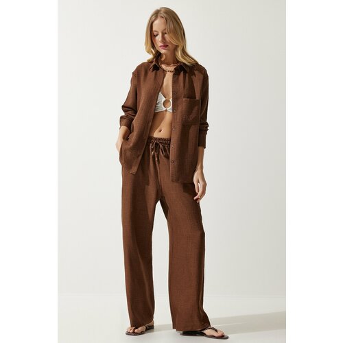 Happiness İstanbul Women's Brown Oversize Shirt Wide Trousers Suit Slike